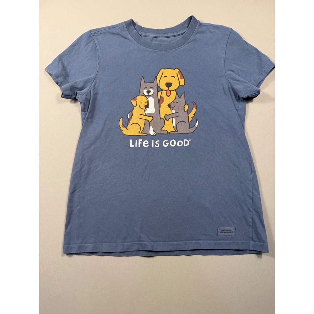 Life is Good Womens Crusher Tee Blue Dog Hug Graphic T-Shirt Small